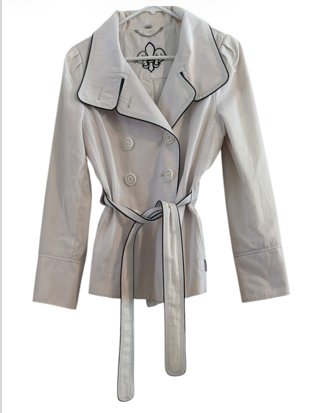 RARE Vintage GUESS Cropped Trench Coat Black Piping Trim Belted Jacket M